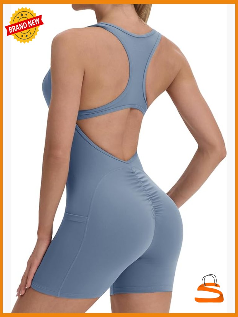 Backless Yoga Jumpsuit With Pockets Tummy Control Bodysuit